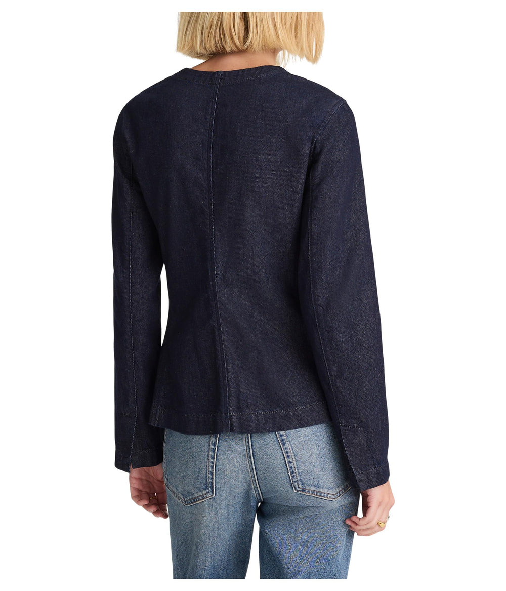 Madewell collarless jacket rinse fabric close-up view highlights texture.