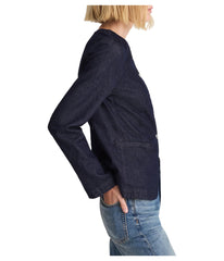 Madewell collarless jacket rinse side view pairs with layered outfits.