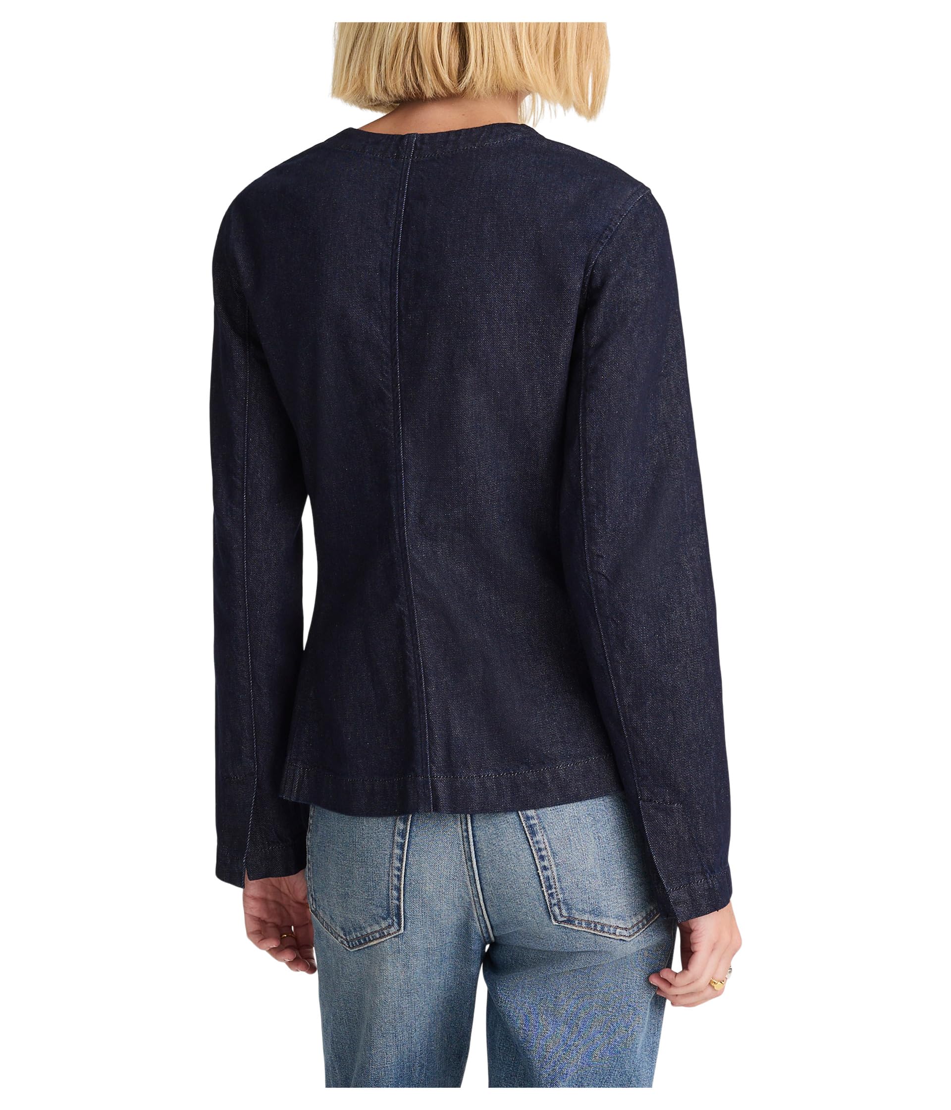 Madewell collarless jacket in rinse – side profile fits both work and casual looks.