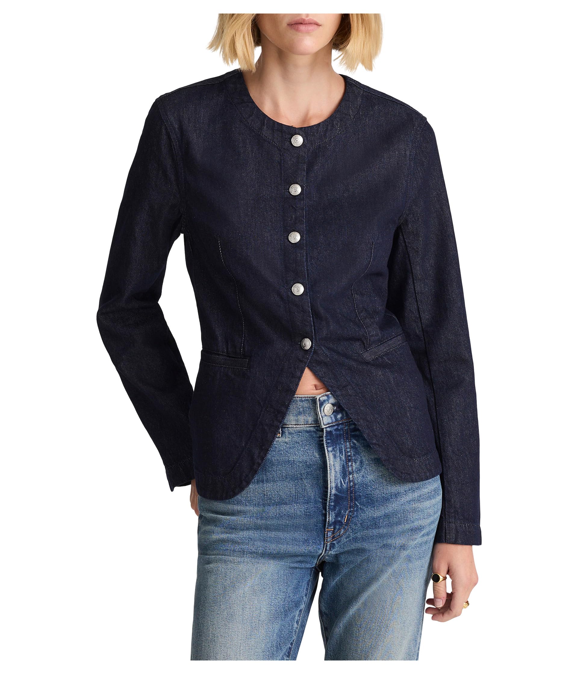 Madewell collarless jacket in rinse wash, versatile everyday layer.