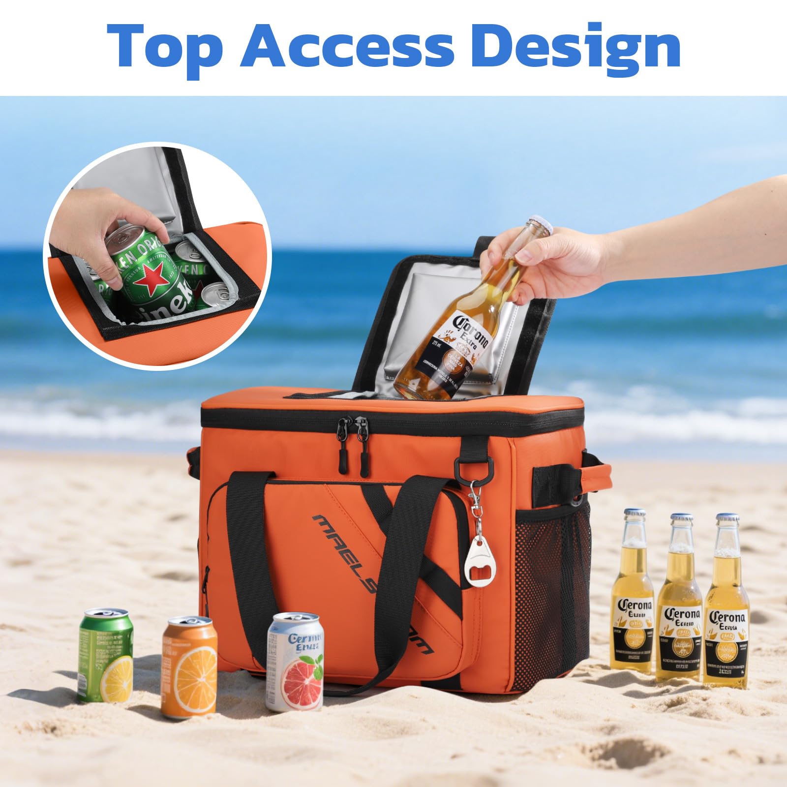 Maelstrom orange cooler bag opened showing insulated interior freshness
