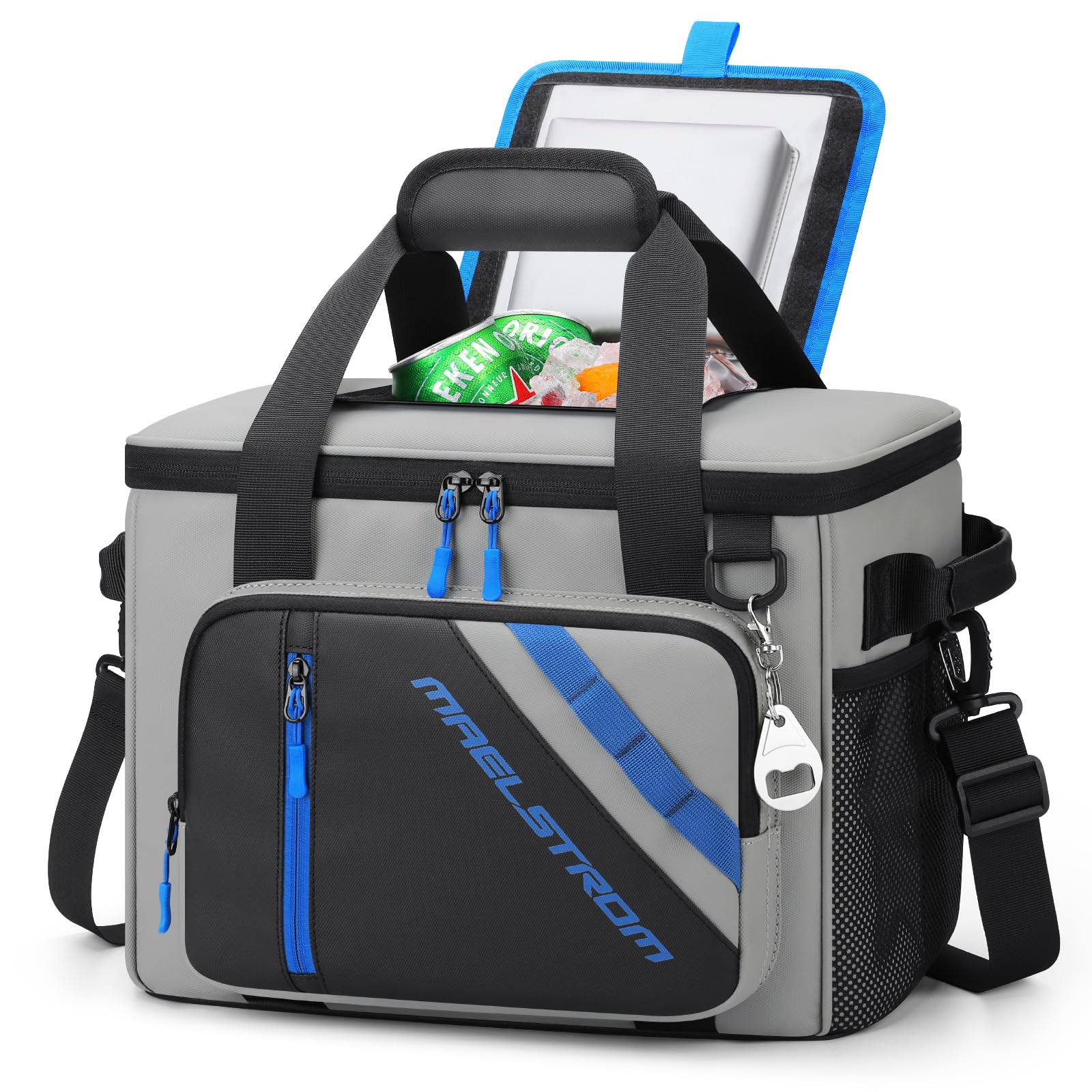 Maelstrom 30-can soft cooler gray front pocket view for organized beach snacks