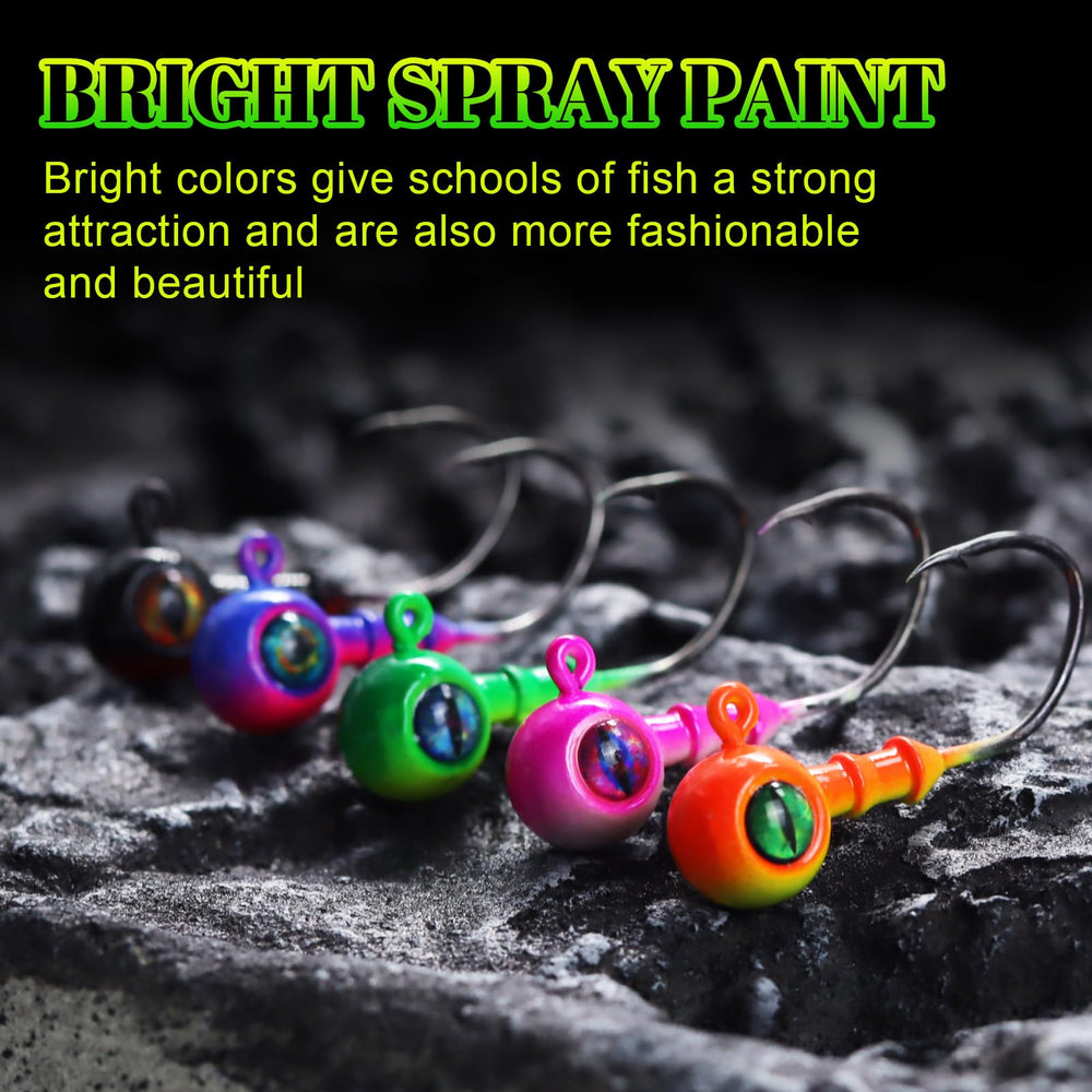 Close-up of hand-applied 3D eyes and two-tone glow paint on jig heads