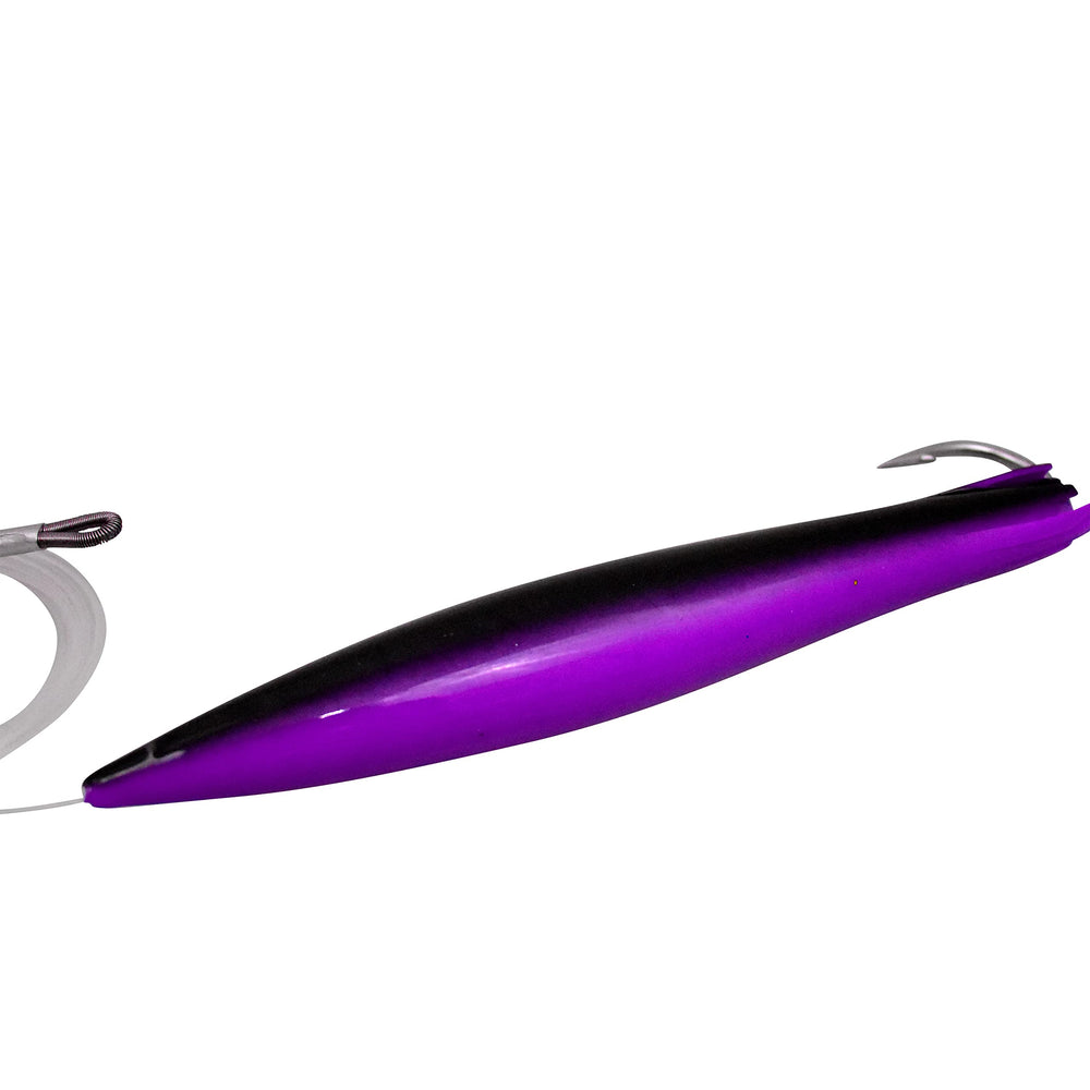 MagBay Lures 6-inch soft cedar plug with balance head, purple and black, for tuna trolling.