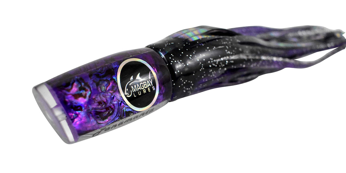 MagBay Lures Panamania Purple Abalone Shell Marlin Lure ready for blue marlin and mahi pursuits