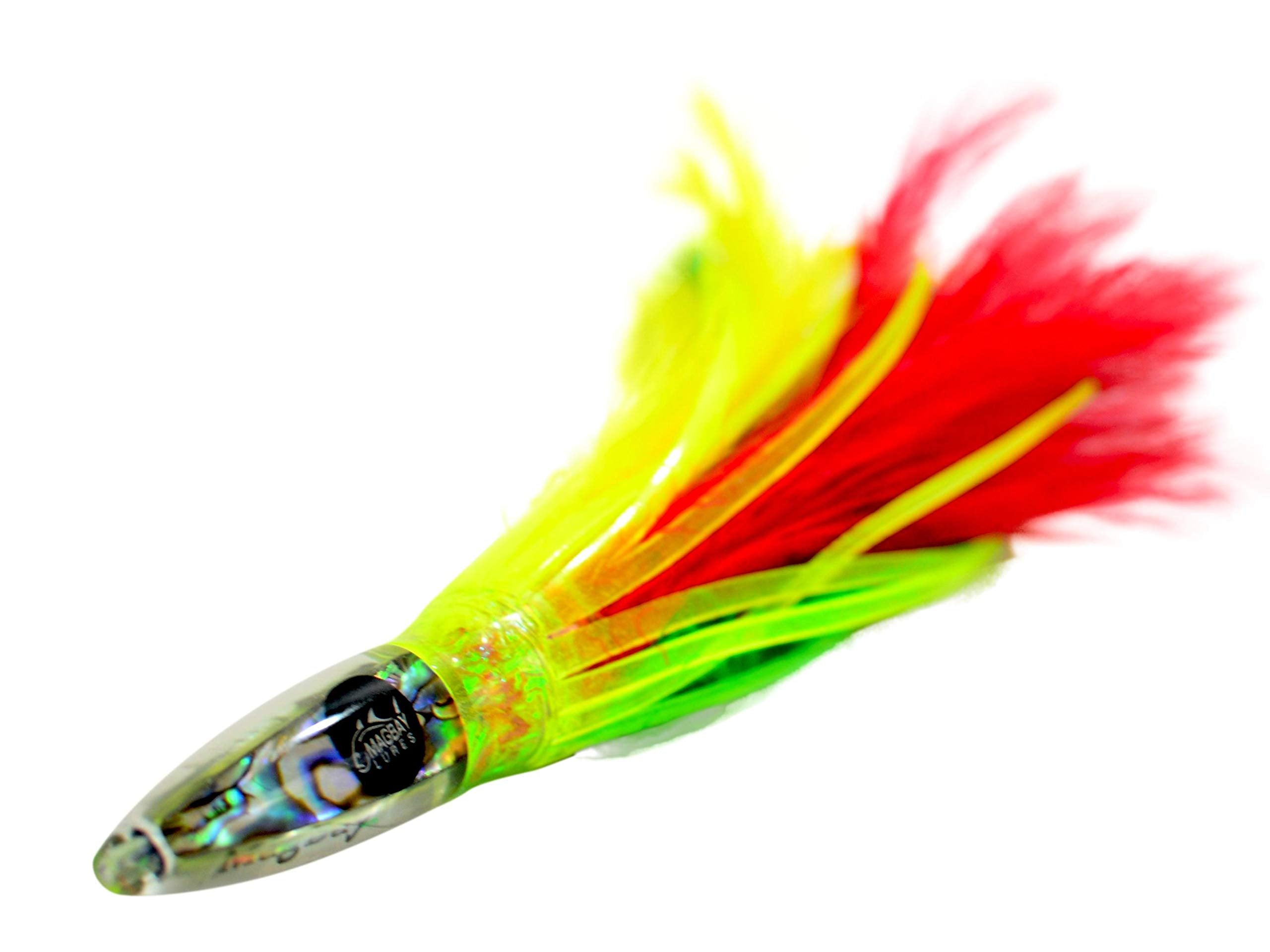 MagBay Premier six-inch tuna feather with abalone shell heads enhances visibility and fish attraction
