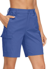 MAGCOMSEN women's 7in hiking shorts blue-grey front view highlights quick-dry fabric for outdoor adventures