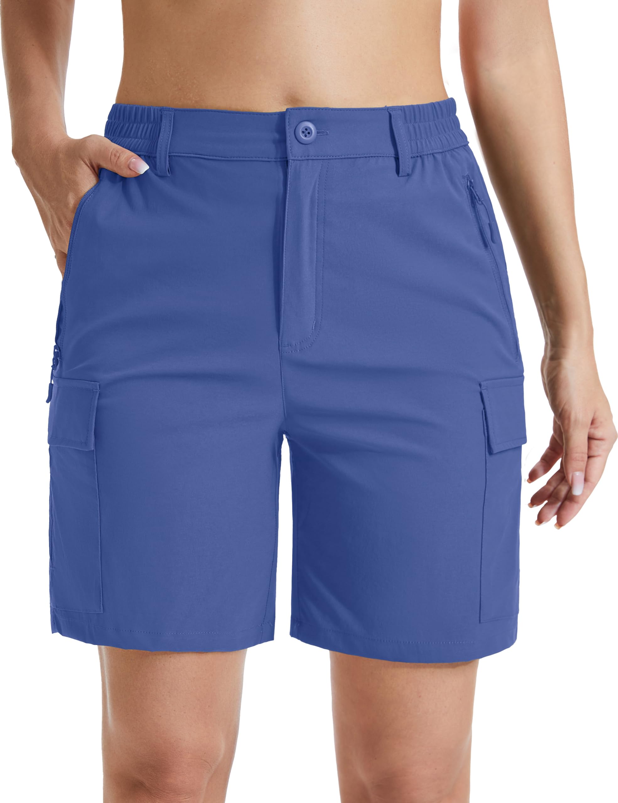 MAGCOMSEN women's 7in hiking shorts blue-grey side view shows stretch for mobility