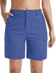MAGCOMSEN women's 7in hiking shorts blue-grey side view shows stretch for mobility
