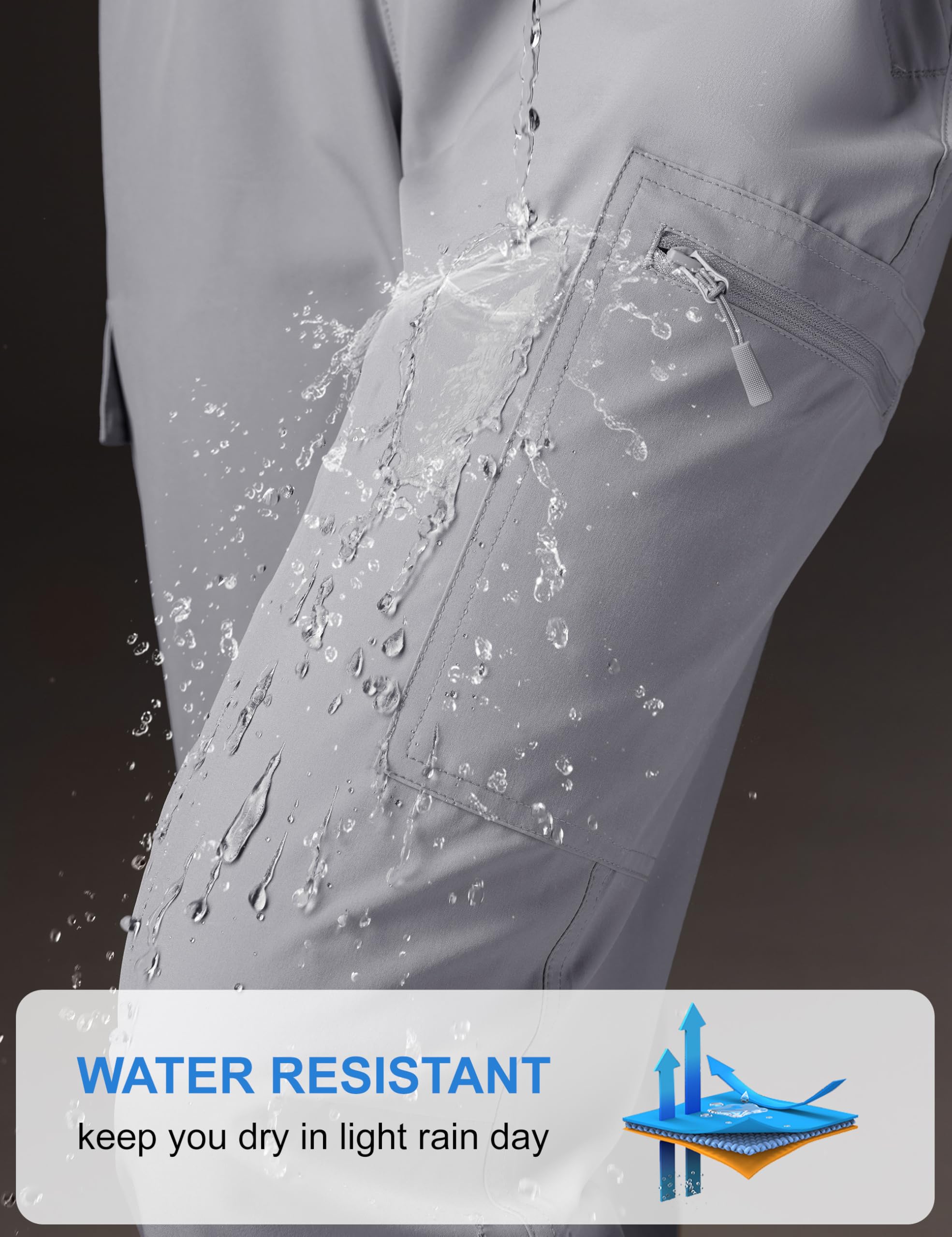 MAGCOMSEN women's cargo joggers demonstrating water-resistant fabric on a damp day.