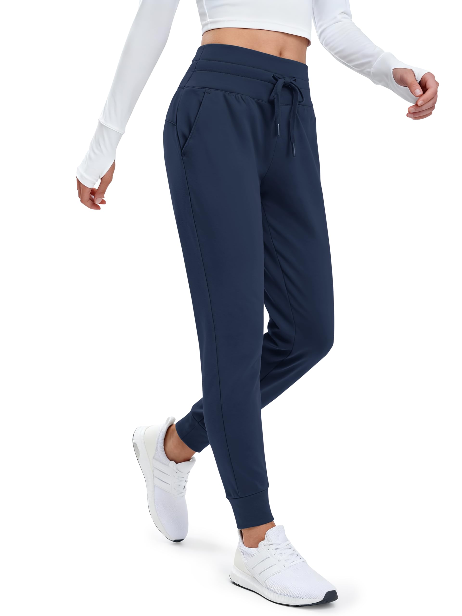 MAGCOMSEN women's fleece hiking pants navy fabric closeup highlights soft warm fleece lining.