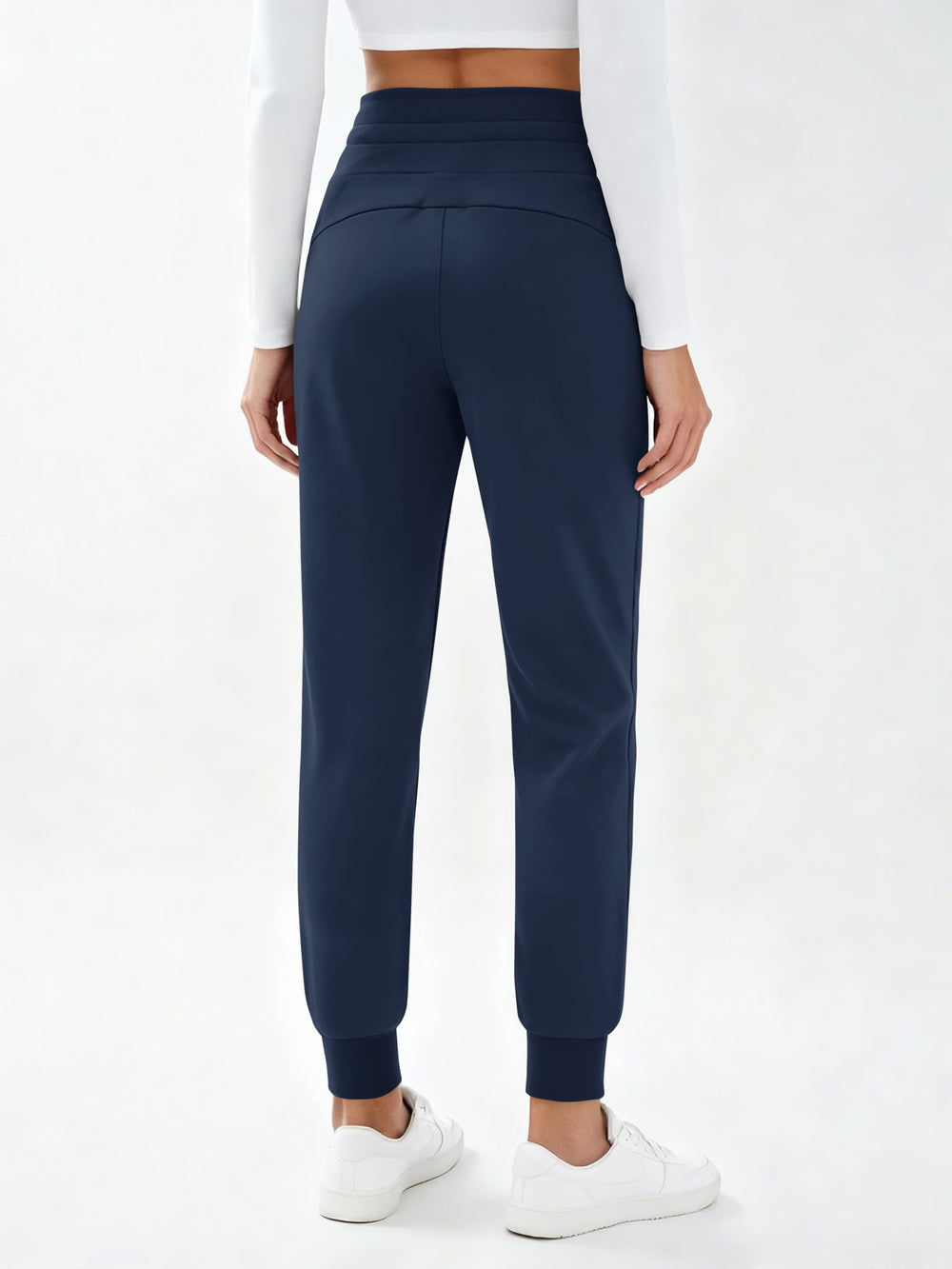 MAGCOMSEN women's fleece hiking pants navy high-waistband closeup for adjustable fit.