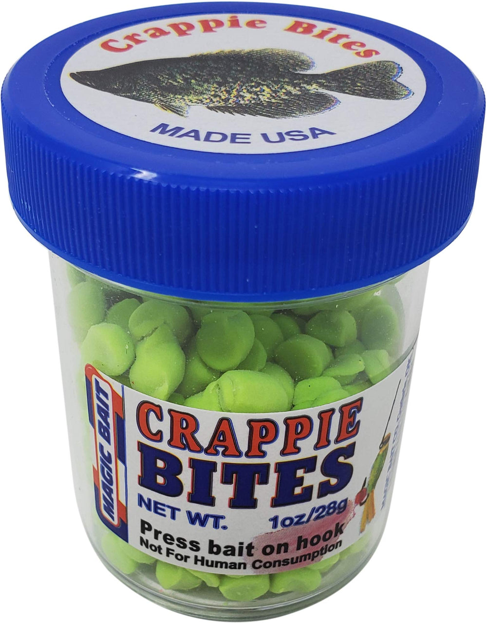 1 oz jar of Magic Bait Crappie Chartreuse Bites