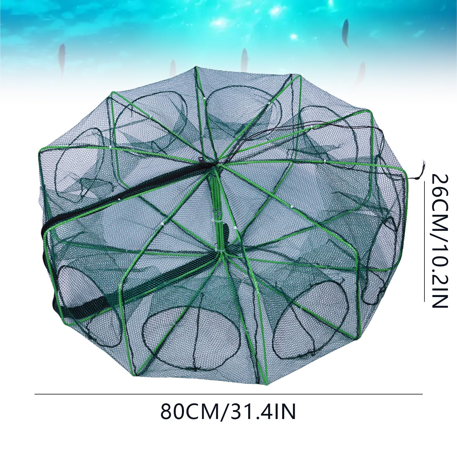 Accessories included with The Magic Foldable Fishing Trap: cord, bait, luminous bead, fish bait bag, floating circle