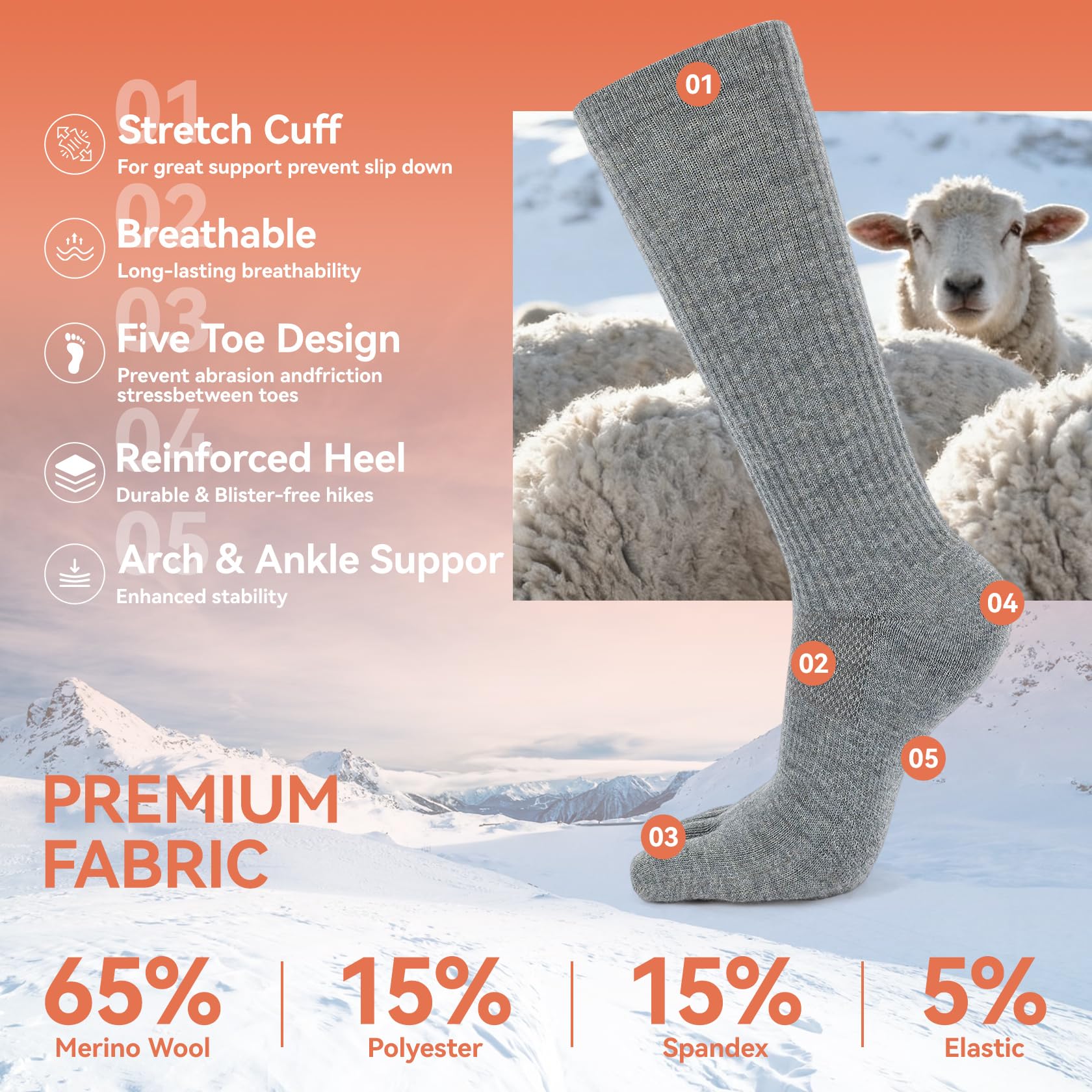 Magifuls Merino Wool Toe Socks moisture-wicking fabric close-up keeps feet dry during activity