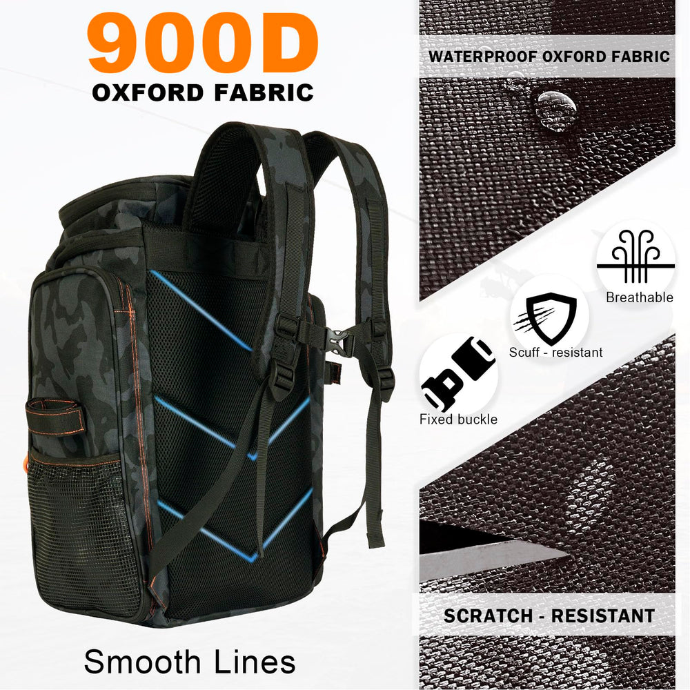Magikeration fishing backpack 42L storage demonstrates spacious tackle organization.