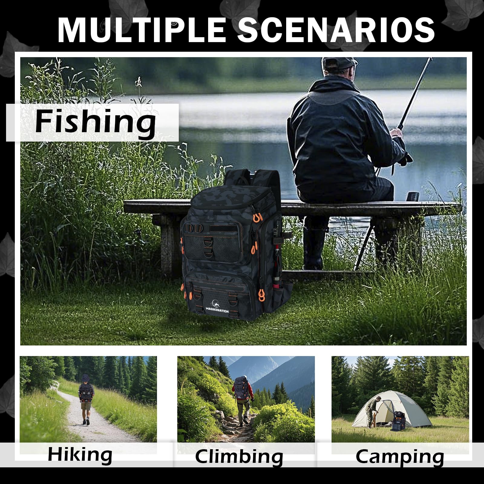 Magikeration fishing backpack carabiners for towels and bottles on the go.