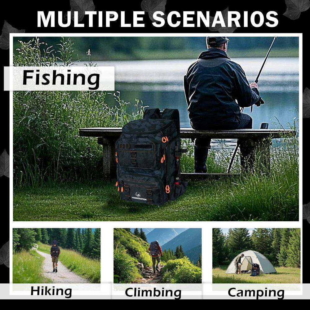 Magikeration fishing backpack carabiners for towels and bottles on the go.