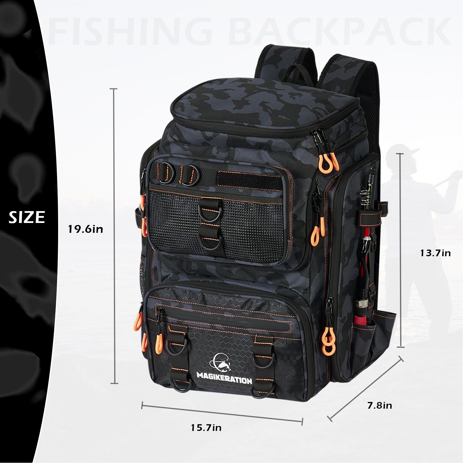 Magikeration fishing backpack colorful zippers enhance visibility and style.