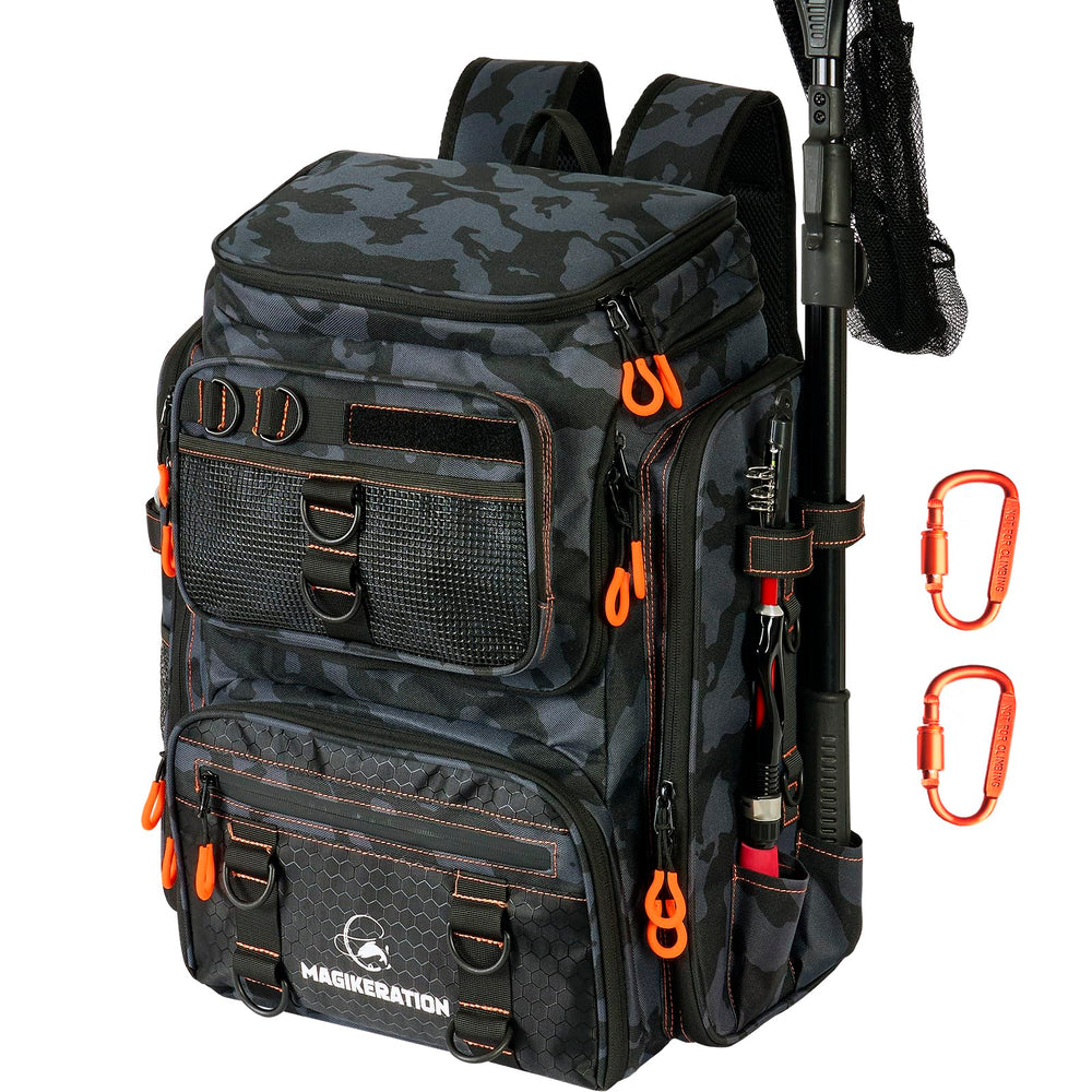 Magikeration fishing backpack front view showing easy-access storage for tackle and tools.