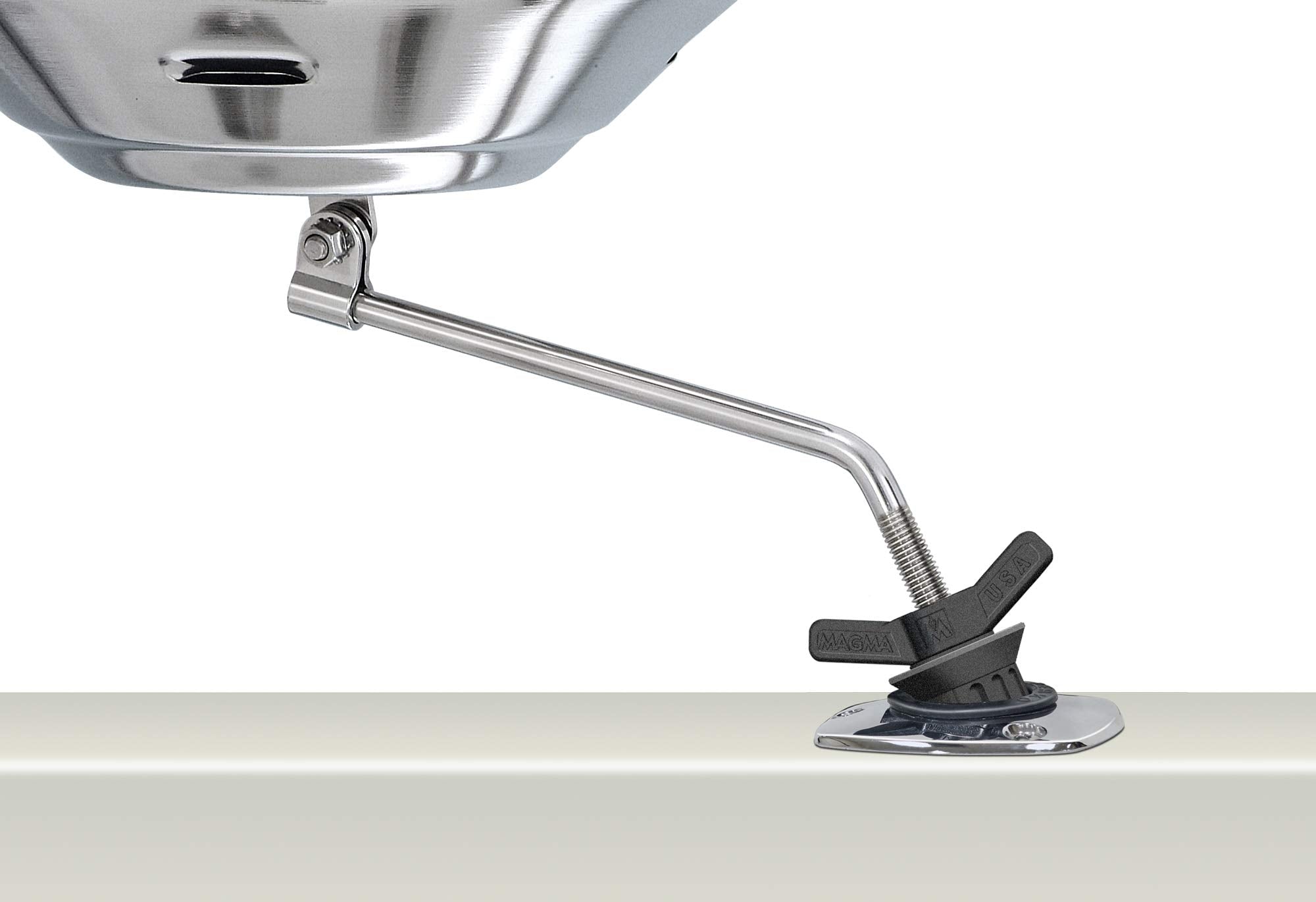 Magma A10-175 marine kettle attachment on a rod holder for secure open-water grilling