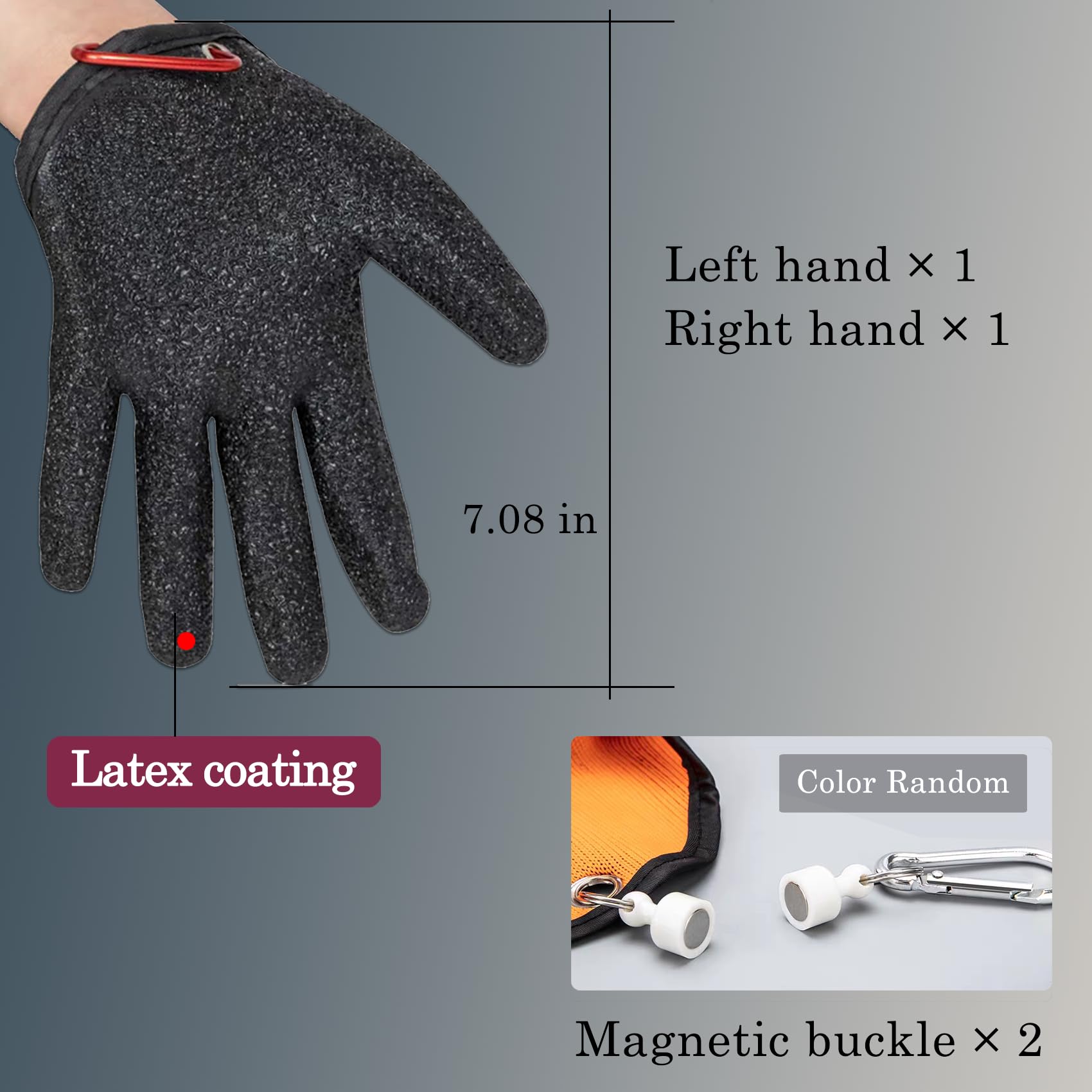 Close-up of magnet release hook on fishing gloves with buckle.