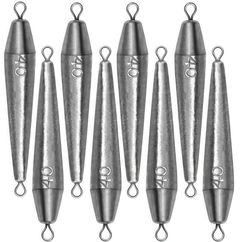 Magnoloran 8pcs inline trolling weights set, 1.5oz (40g), torpedo shape with double rings