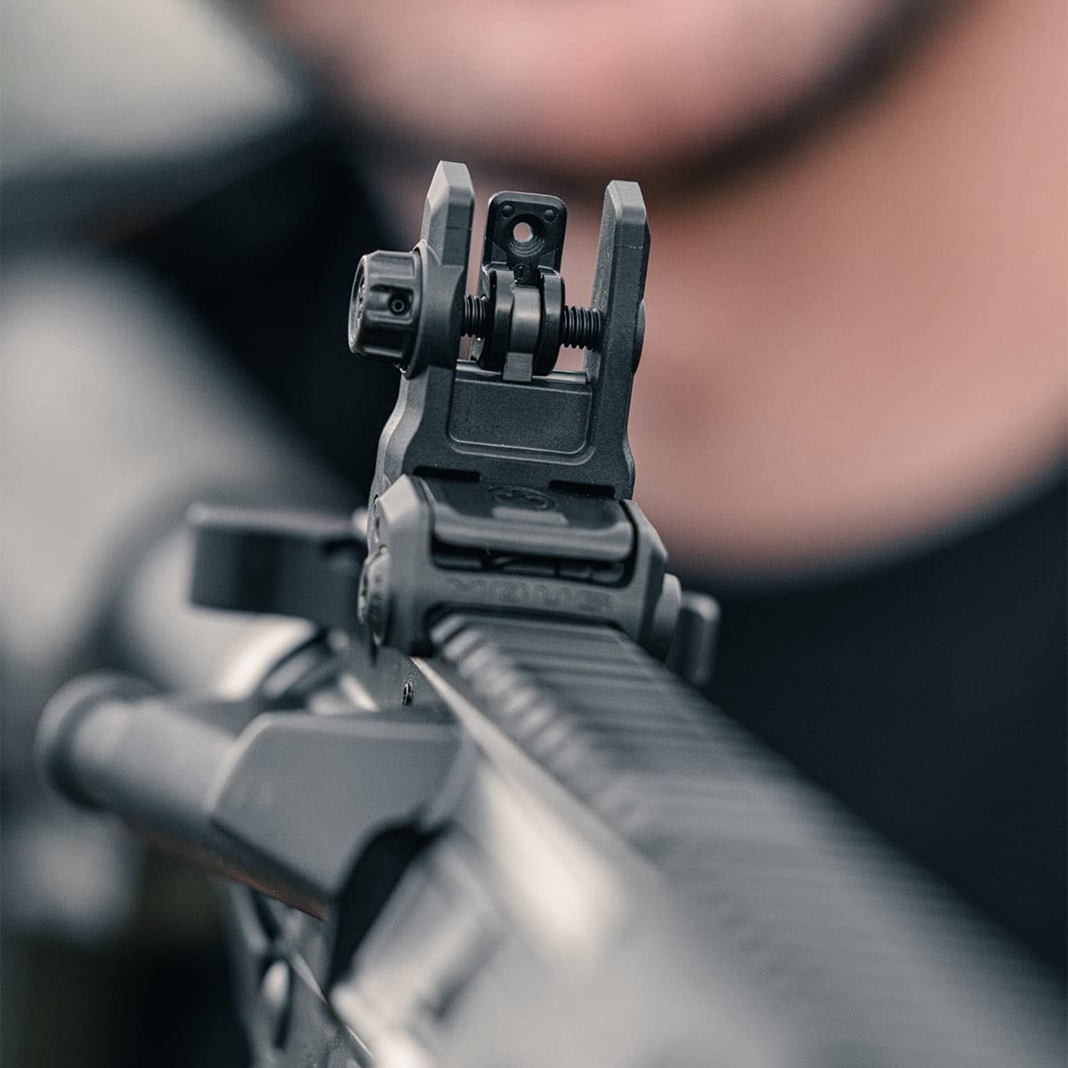 Magpul MBUS 3 ambidextrous push-button enabling deployment from either side