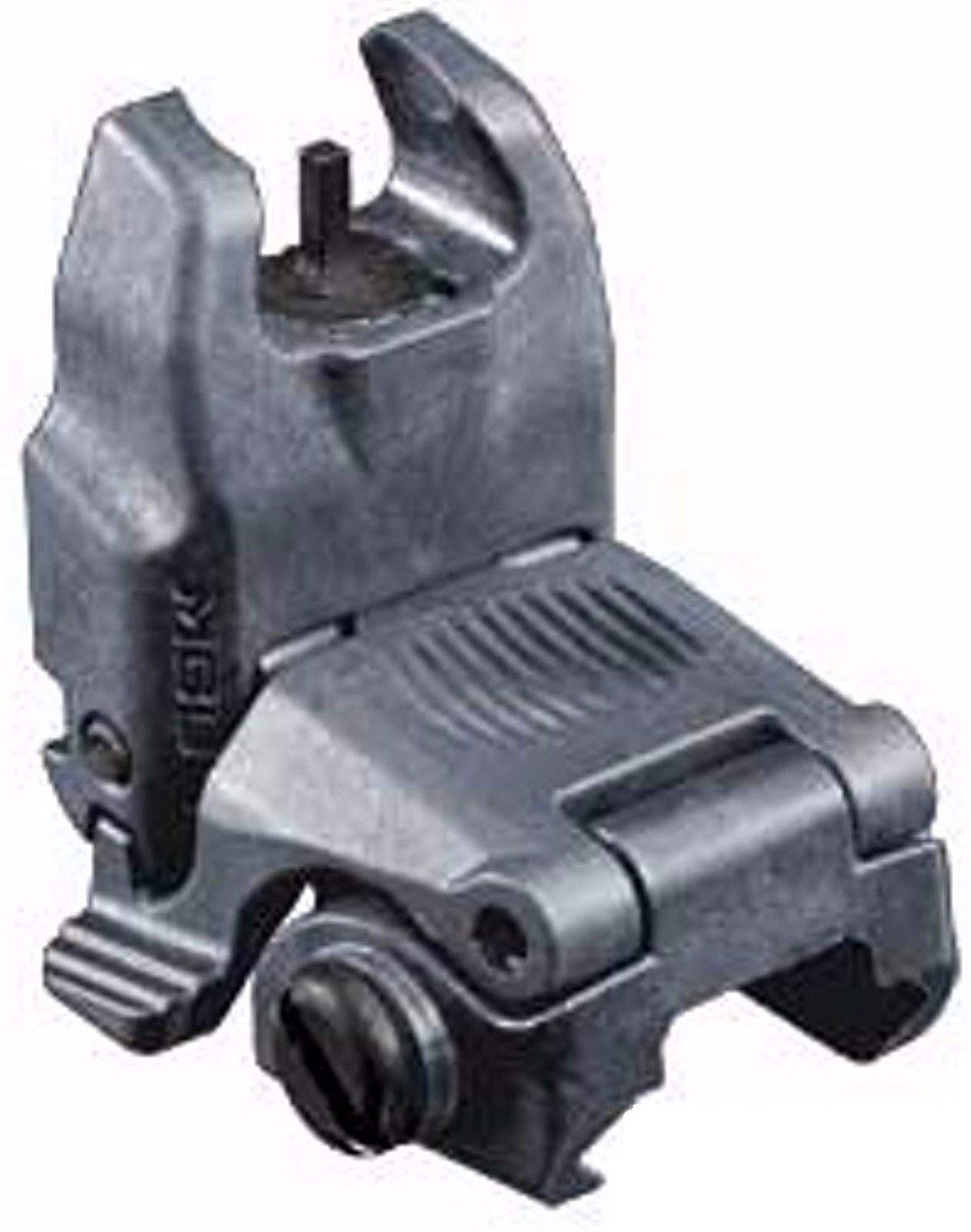 Magpul MBUS front flip-up sight on Picatinny rail improves quick target acquisition on gray model