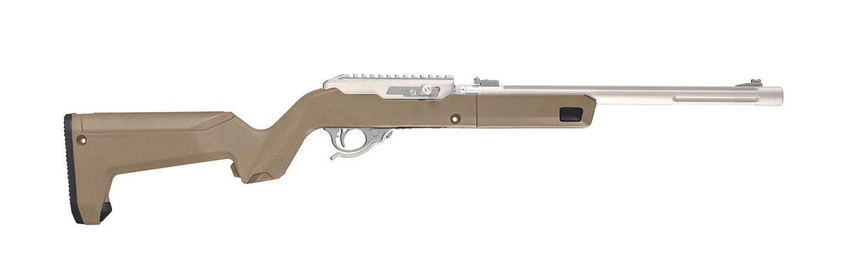Magpul X-22 Backpacker stock installed on Ruger 10/22 takedown shows compact transport setup.
