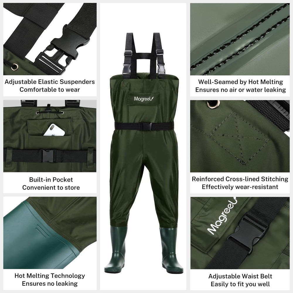 Magreel child waders boots PVC anti-slip design keeps feet safe on slick river rocks.
