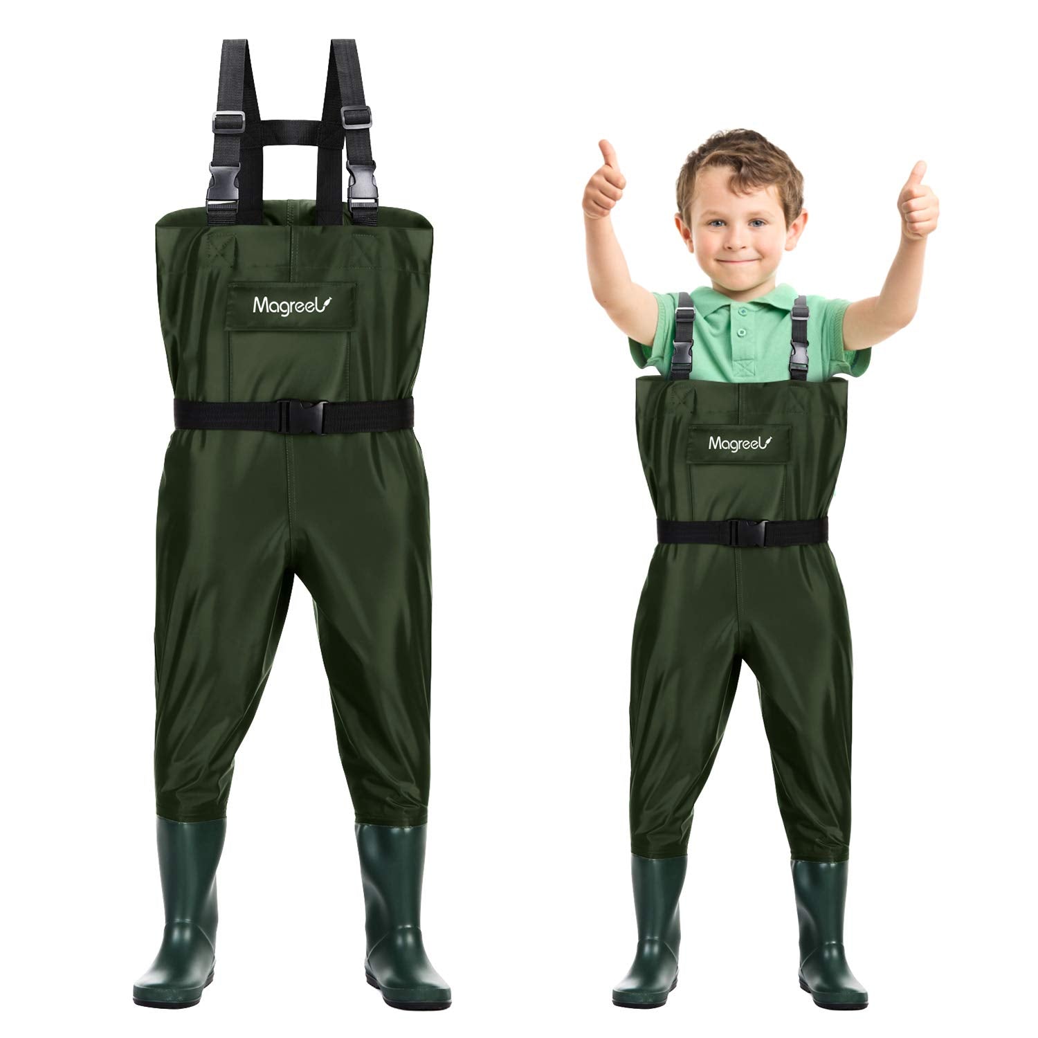 Front view of Magreel Kids Chest Waders in Army Green