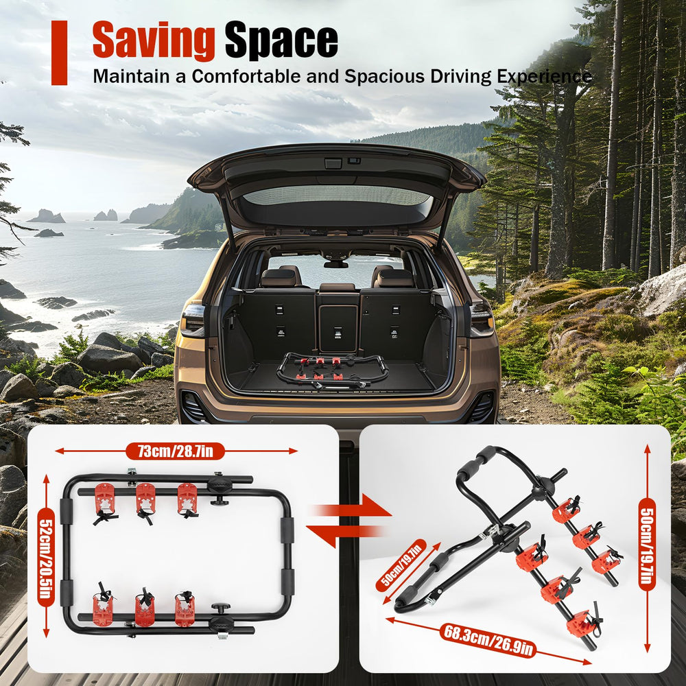 Mahugde 44-lb load-capacity rack securely carries three bikes.
