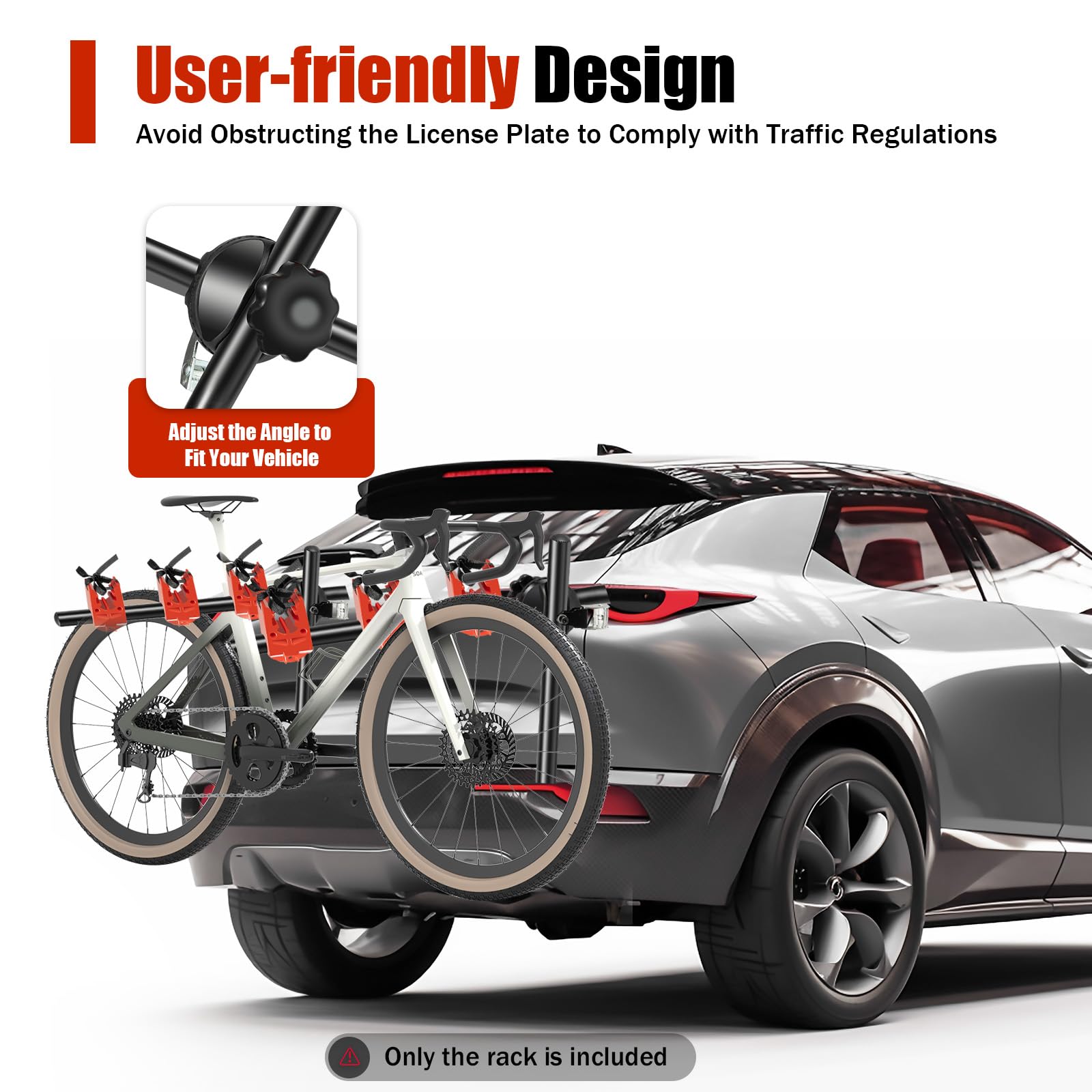 Mahugde adjustable straps and fixed slots keep bikes secure.