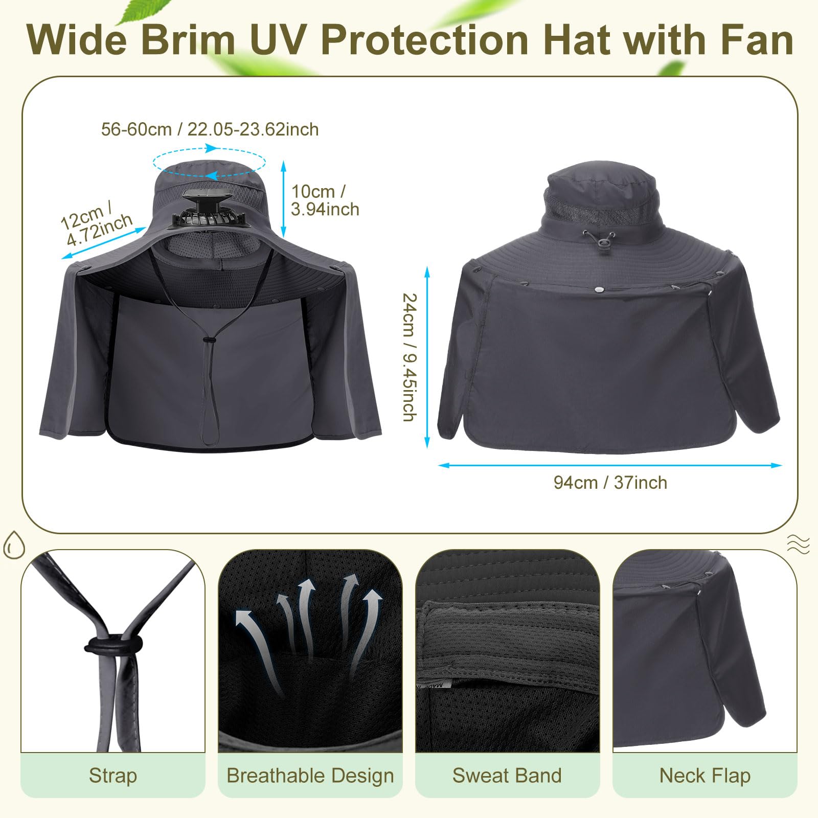 Solar powered fan hat with USB charging port detail