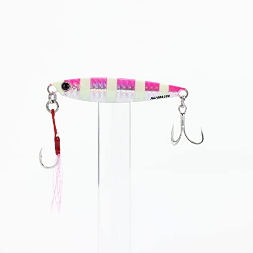 Major Craft Jigpara 30g zebrapink close-up with pre-rigged hooks