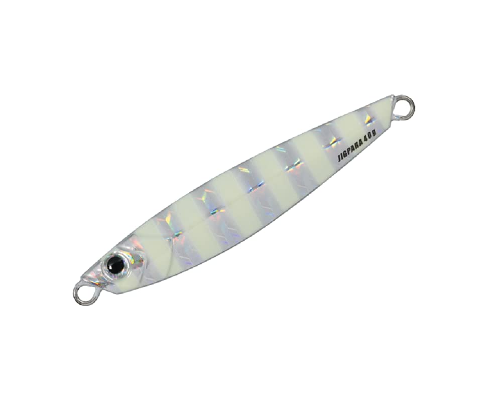 Major Craft Jigpara 50g JPS-50007ZEBRAGLOW hero shot highlighting glow finish for low-light fishing.