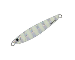 Major Craft Jigpara 50g JPS-50007ZEBRAGLOW hero shot highlighting glow finish for low-light fishing.