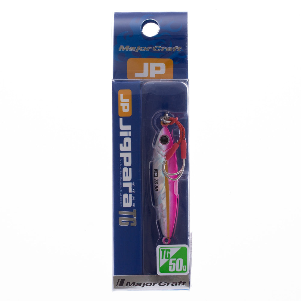 Major Craft Jigpara TG JP-TG Micro 50g Pink side profile highlighting high-density tungsten for deeper drops