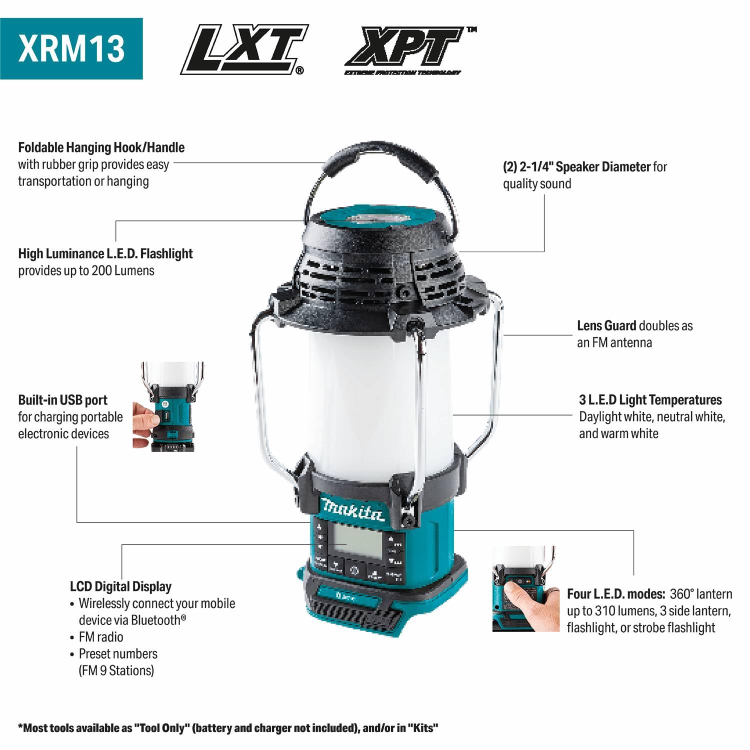 Makita XRM13 360° lantern mode delivers all-around illumination.