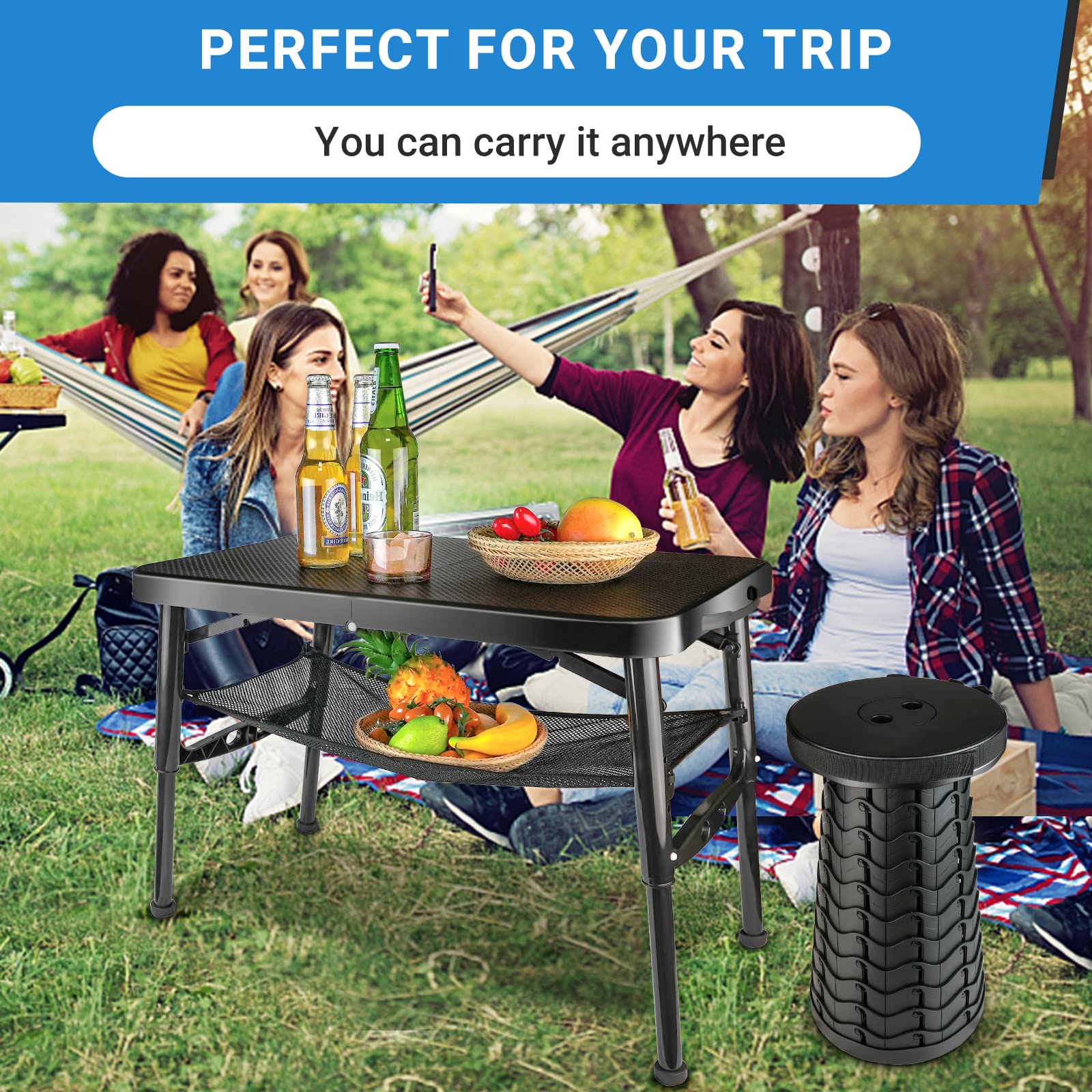 Maliven mesh layer storage keeps picnic items organized.