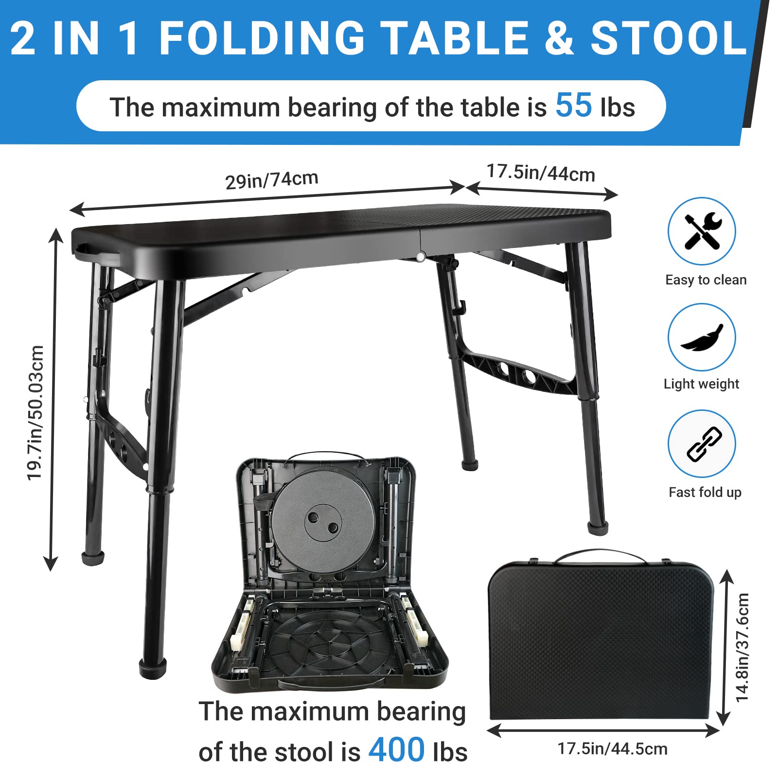 Maliven portable folding table with hidden stool inside for compact storage.