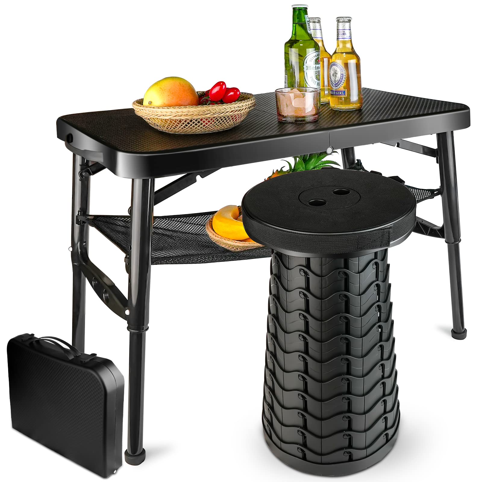 Maliven portable folding table and stool setup with carry handle for easy transport.