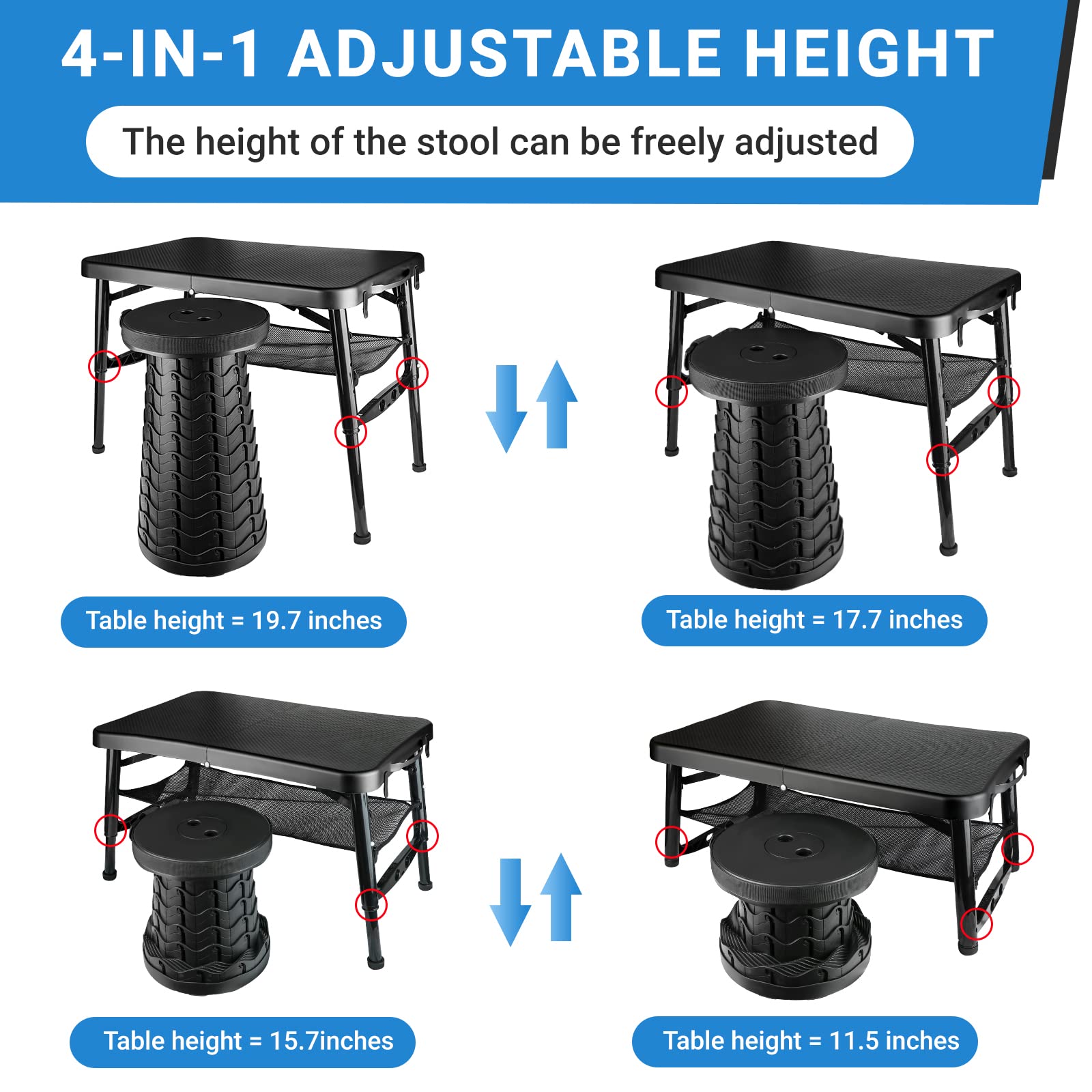 Maliven sturdy table features four locks and durable PP+ABS construction for stability.