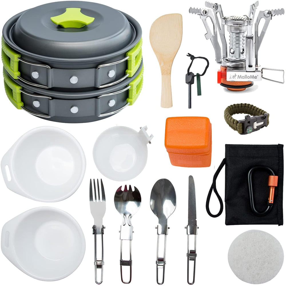 MalloMe 18pc mess kit assembled for compact camping meals and quick setup.