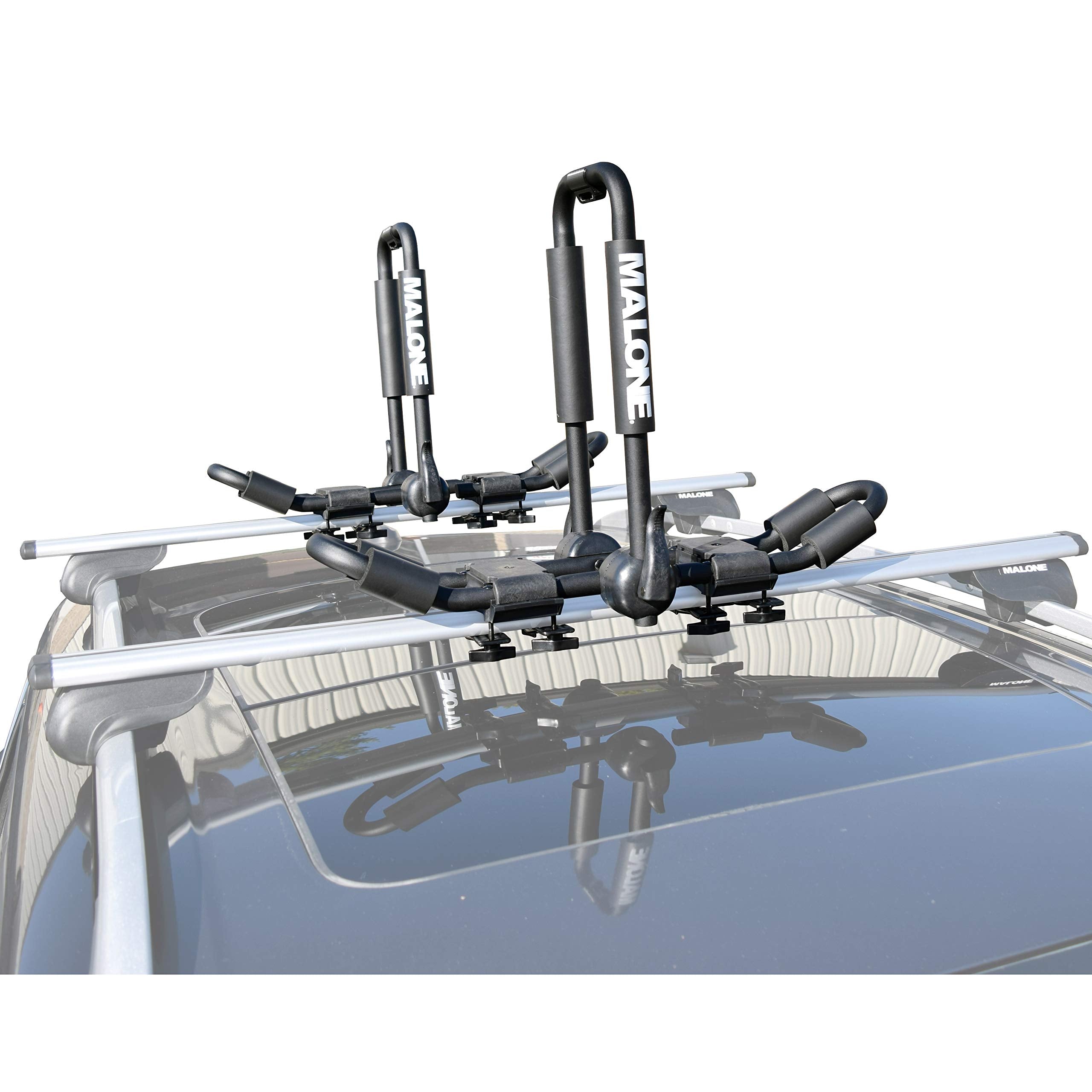 Malone FoldAway-5 load straps and bow-stern ties secure two boats.
