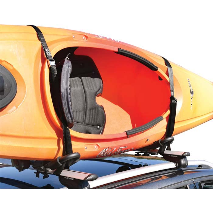 Deployed Malone FoldAway J Kayak Carrier shows clear kayak mounting height.