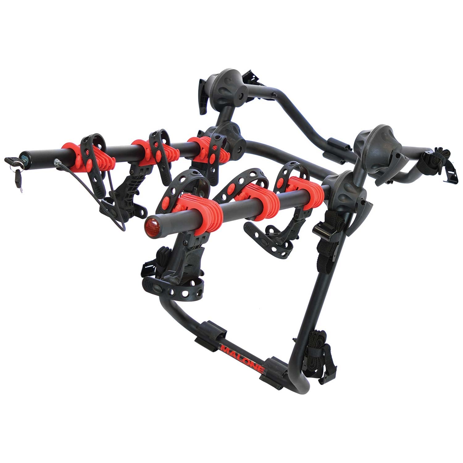 Malone Hanger BC3 OS back-of-car rack with three bikes secured for travel