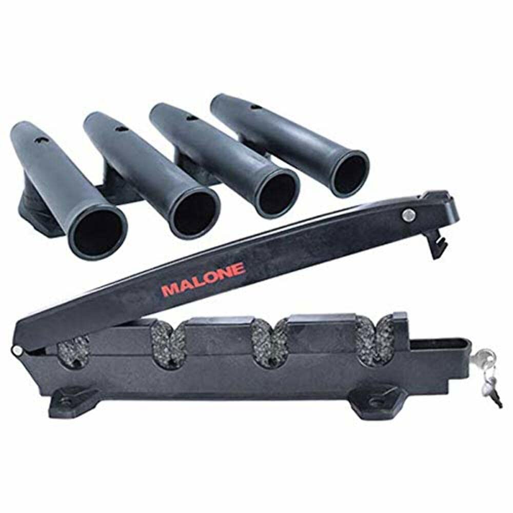 Malone Striper-4 rod carrier mounted on vehicle roof for secure four-rod transport