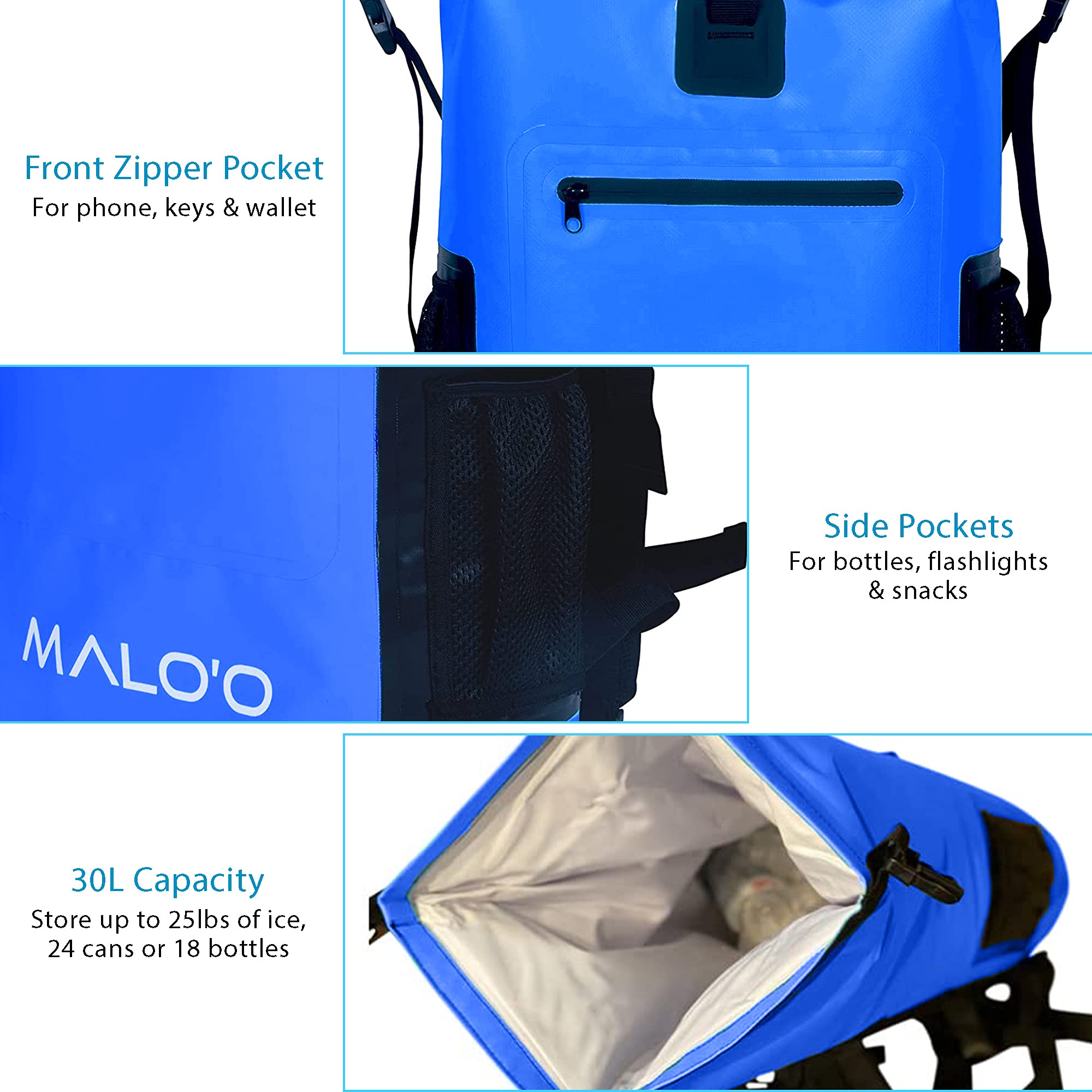 Malo'o 30L capacity image demonstrates fits 24 cans plus ice.